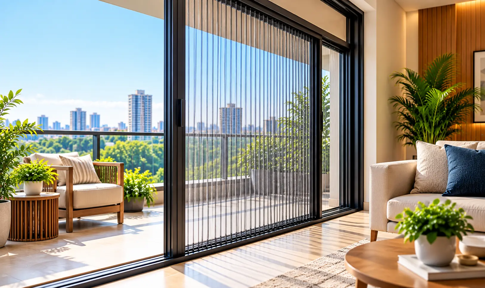Modern bright interior with glass doors and window screens